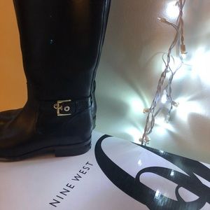 NINE WEST WOMENS KNEE LENGTH BLACK LEATHER BOOTS